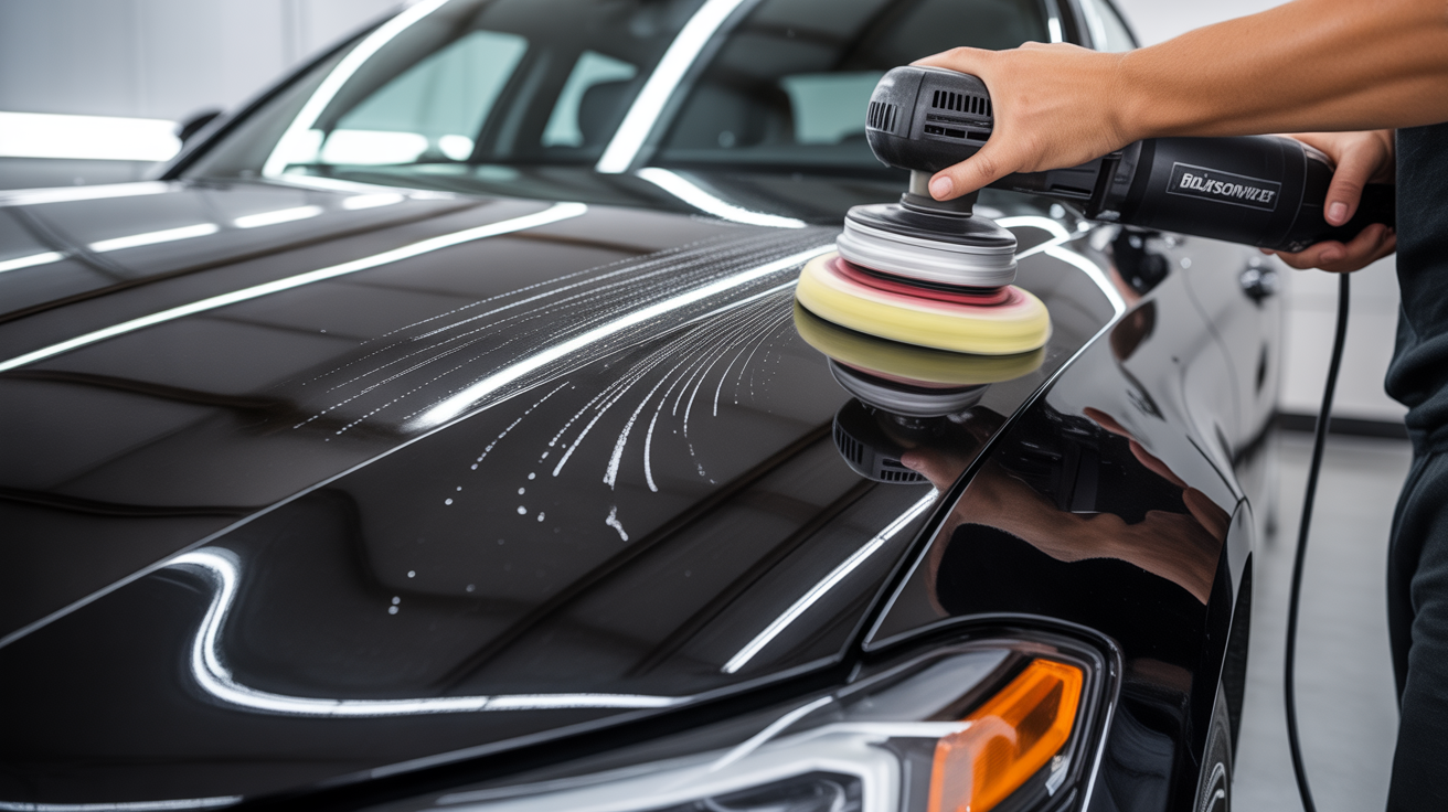 Paint correction machine polishing a panel