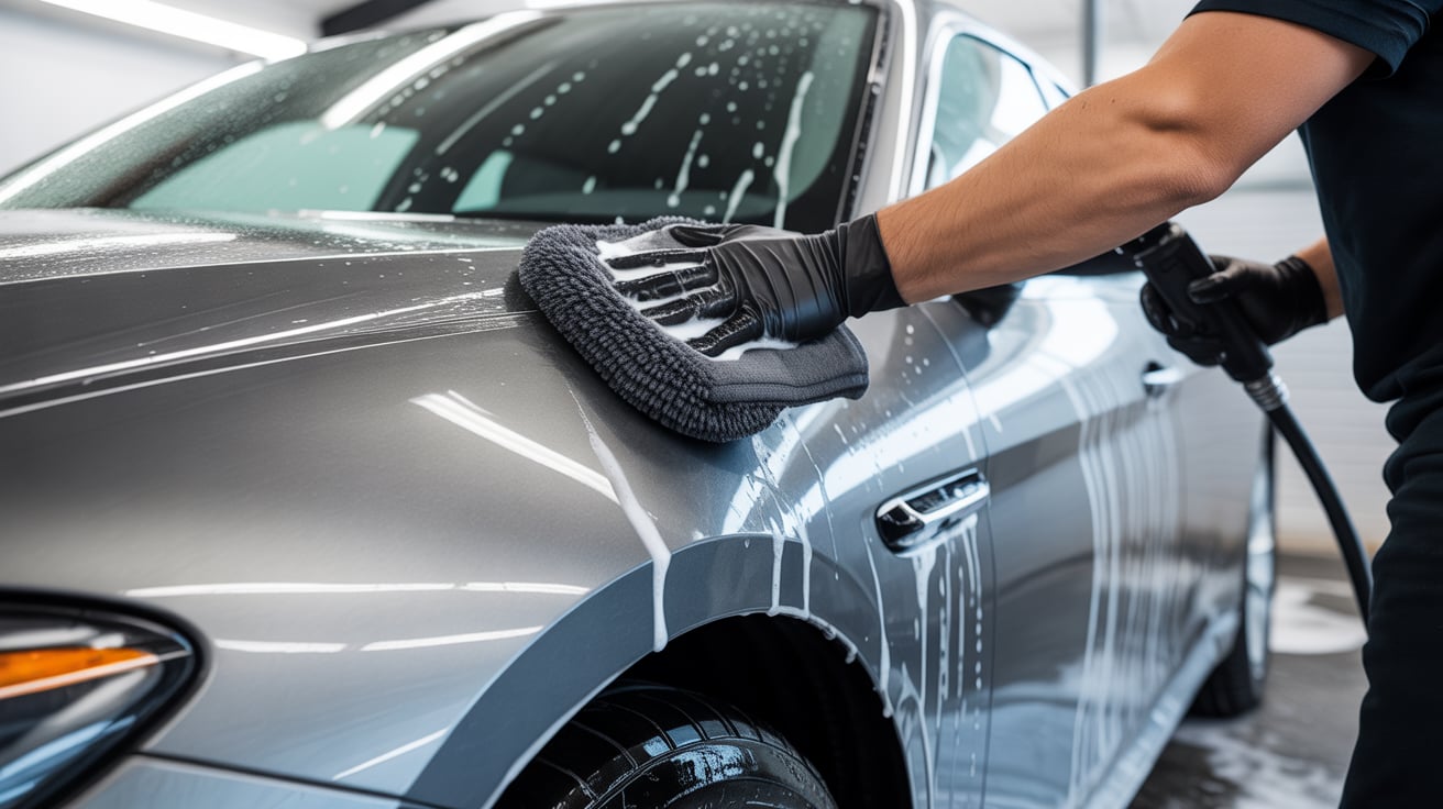 Exterior foam wash and rinse in driveway