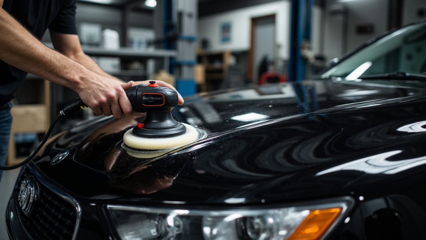 Professional paint correction Jacksonville FL using a dual-action polisher to remove swirl marks and restore deep gloss.